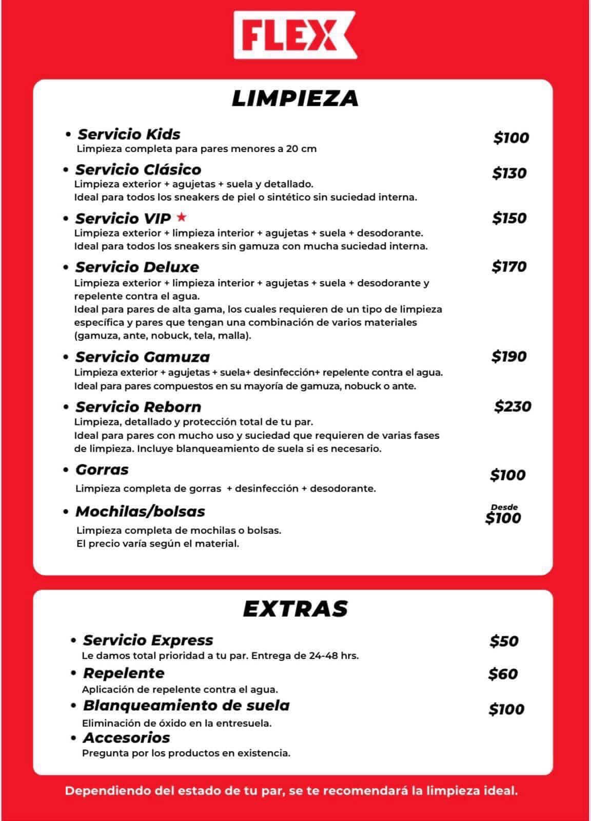Menú oficial de servicios Flex Sneaker Care